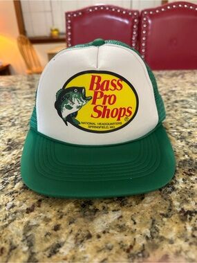 Vintage Bass Pro Shops Green and White Trucker Hat